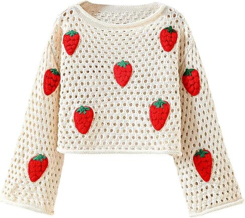 SHENHE Girl's Hollow Out Crochet Knit Top Strawberry Sweater Crew Neck Loose Fit Sweater Pullover in Saudi Arabia