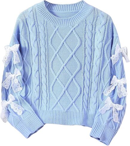 سترة Verdusa للفتيات ذات القوس الدانتيل Coquette Cable Knit Tops بلوفرات خريفية مريحة in Saudi Arabia