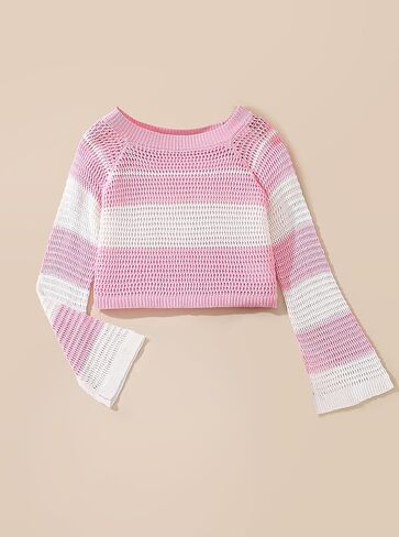 Girls Striped Knit Bell Sleeve Sweater Long Sleeve Pullover Top Lightweight Crochet Breathable Knitwear Pink White in Saudi Arabia