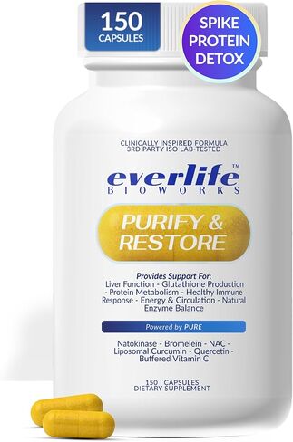 مكمل دعم التخلص من سموم الكبد والبروتين من Everlife - الكركمين الشحمي مع NAC والكيرسيتين والبروميلين وفيتامين C المخزن - الدورة الدموية ومضادات الأكسدة ومزيج دعم المناعة - 150 كبسولة in Kuwait