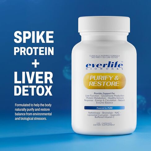 مكمل دعم التخلص من سموم الكبد والبروتين من Everlife - الكركمين الشحمي مع NAC والكيرسيتين والبروميلين وفيتامين C المخزن - الدورة الدموية ومضادات الأكسدة ومزيج دعم المناعة - 150 كبسولة in Kuwait