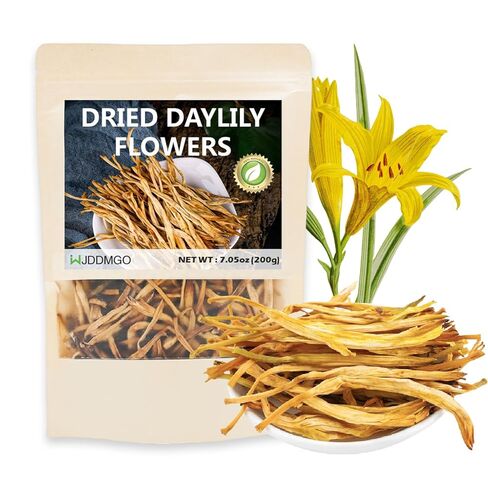 Premium Dried Lily Flowers, 200g/7.05oz Golden Needles Dried Day Lilies, Unsulfured Huang Hua Cai Flower Bubs, for Cooking Hot & Sour Soup Cold Salad Creamy Soup Pizza Topping in Saudi Arabia