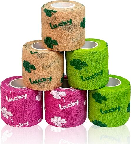 6 Pack Self Adhesive Bandage Wrap, 2" x 5 Yards Cohesive Elastic Tape with Lucky Clover Pattern, Flexible Wrap for Pets, Sports, First Aid, Ankle, Wrist, Finger, Gym Tape, Decorative Use in Saudi Arabia