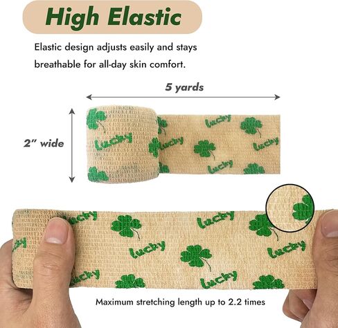 6 Pack Self Adhesive Bandage Wrap, 2" x 5 Yards Cohesive Elastic Tape with Lucky Clover Pattern, Flexible Wrap for Pets, Sports, First Aid, Ankle, Wrist, Finger, Gym Tape, Decorative Use in Saudi Arabia