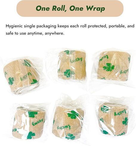 6 Pack Self Adhesive Bandage Wrap, 2" x 5 Yards Cohesive Elastic Tape with Lucky Clover Pattern, Flexible Wrap for Pets, Sports, First Aid, Ankle, Wrist, Finger, Gym Tape, Decorative Use in Saudi Arabia