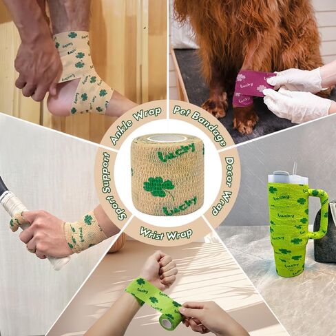 6 Pack Self Adhesive Bandage Wrap, 2" x 5 Yards Cohesive Elastic Tape with Lucky Clover Pattern, Flexible Wrap for Pets, Sports, First Aid, Ankle, Wrist, Finger, Gym Tape, Decorative Use in Saudi Arabia