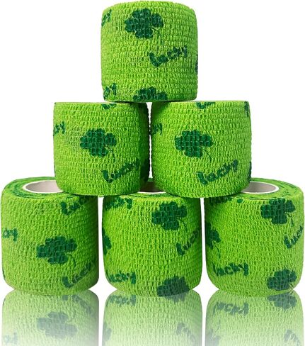 6 Pack Self Adhesive Bandage Wrap, 2" x 5 Yards Cohesive Elastic Tape with Lucky Clover Pattern, Flexible Wrap for Pets, Sports, First Aid, Ankle, Wrist, Finger, Gym Tape, Decorative Use in Saudi Arabia