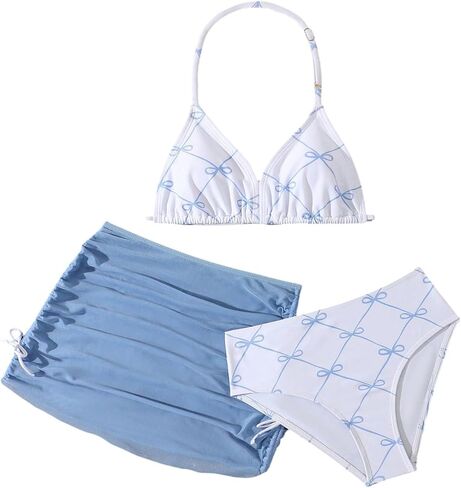 QJQ Girl's 3 Piece Cute Bow Bikni Set Halter Triangle High Waisted with Cover Up Skirts Summer Swimwear 2026 in Kuwait