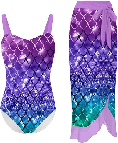 UNIFACO Girls One Piece Swimsuit with Cover Up Skirt 2 Piece Bathing Suit Swimwear Sets 5-16T in Kuwait