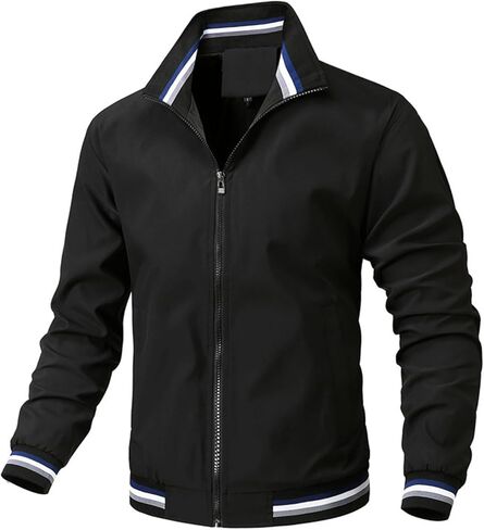 Mens Bomber Jackets Zipper Stand Collar Lightweight Fashion Casual Slim Fall Long Sleeve Windbreaker Coat Outwear in Saudi Arabia