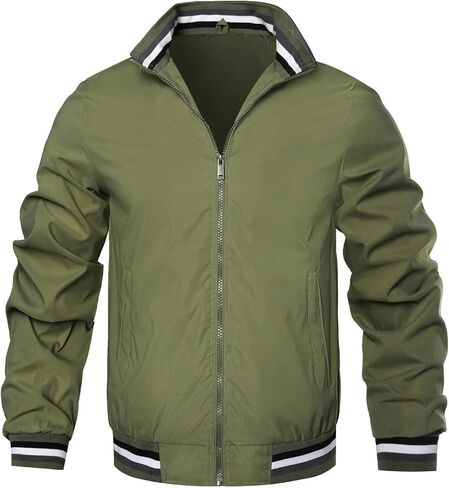 Mens Bomber Jackets Zipper Stand Collar Lightweight Fashion Casual Slim Fall Long Sleeve Windbreaker Coat Outwear in Saudi Arabia