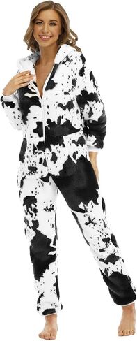 Women's Cow Onesie Pajamas Adult Cute Cosplay Outfits Hooded Pjs Thermal Fuzzy Fleece Funny Zip Up One Piece Sleepwear in Saudi Arabia