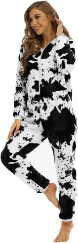 Women's Cow Onesie Pajamas Adult Cute Cosplay Outfits Hooded Pjs Thermal Fuzzy Fleece Funny Zip Up One Piece Sleepwear in Saudi Arabia