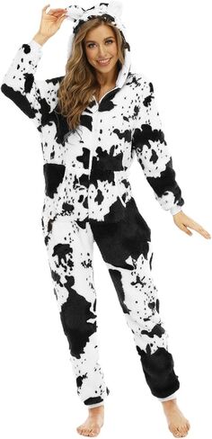 Women's Cow Onesie Pajamas Adult Cute Cosplay Outfits Hooded Pjs Thermal Fuzzy Fleece Funny Zip Up One Piece Sleepwear in Saudi Arabia