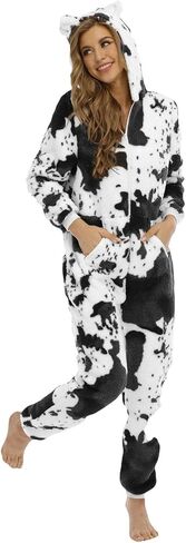 Women's Cow Onesie Pajamas Adult Cute Cosplay Outfits Hooded Pjs Thermal Fuzzy Fleece Funny Zip Up One Piece Sleepwear in Saudi Arabia