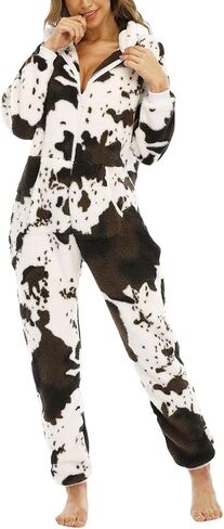 Women's Cow Onesie Pajamas Adult Cute Cosplay Outfits Hooded Pjs Thermal Fuzzy Fleece Funny Zip Up One Piece Sleepwear in Saudi Arabia