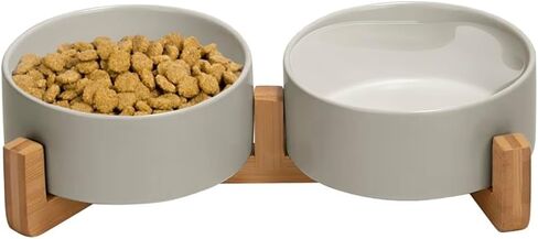 Ceramic Cat and Small Dog Bowl Set – Modern Indoor Small Size Pet Food and Water Bowls with Wood Stand – Non Slip Puppy Sized Feeding Station with Double Dishes in Saudi Arabia