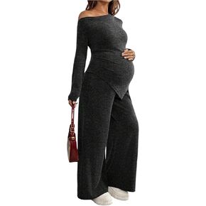 ملابس حمل نسائية من MakeMeChic مكونة من قطعتين ملابس خريفية بلوزات وسراويل غير متماثلة مجموعات مطابقة للحمل رمادي داكن X-Large in Kuwait