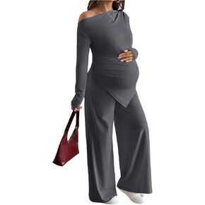MakeMeChic Women's Maternity Clothes 2 Piece Fall Outfits Asymmetrical Top and Pants Pregnancy Matching Sets Grey X-Large in Saudi Arabia