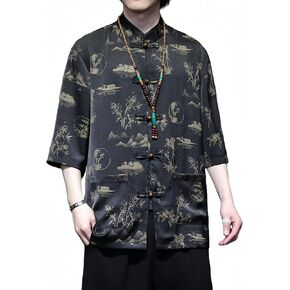 Men's Kung Fu Shirt,Traditional Chinese Hanfu Tang Suit Coat with Silk Printing,Half Sleeve Top for Casual Summer Outfits D-Black in Saudi Arabia