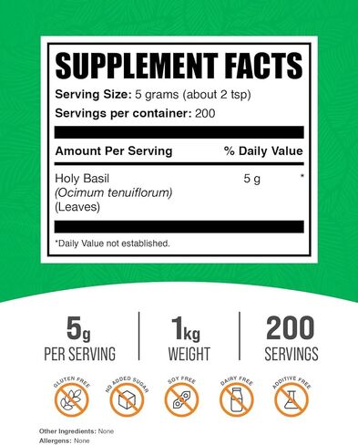 BulkSupplements.com Holy Basil Powder - Holy Basil Supplement, Holy Basil Leaf Powder - Tulsi Holy Basil, Herbal & Gluten Free, 5g per Serving, 1kg (2.2 lbs) (Pack of 1) in Saudi Arabia