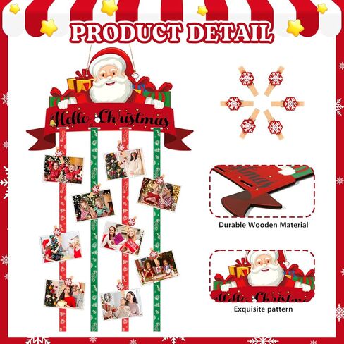 حامل بطاقات عيد الميلاد، حامل صور خشبي معلق لعيد الميلاد مع 30 مشبك صور ندفة الثلج لعيد الميلاد جدار نافذة الباب ديكور المنزل in Kuwait