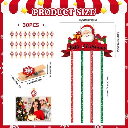 حامل بطاقات عيد الميلاد، حامل صور خشبي معلق لعيد الميلاد مع 30 مشبك صور ندفة الثلج لعيد الميلاد جدار نافذة الباب ديكور المنزل in Kuwait