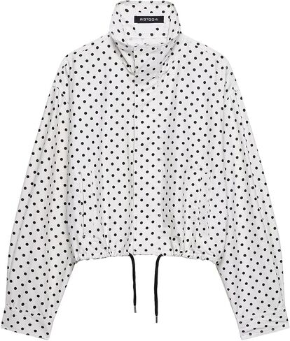 Women Polka Dot Jacket Stand Collar Cropped Jackets Zip Up Coat Casual Fashion Coat Fall Spring Jacket with Pockets in Saudi Arabia