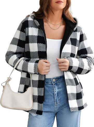Women Jackets with Cap Long Sleeve Plaid Fuzzy Fall Winter Zipper Jacket in Saudi Arabia