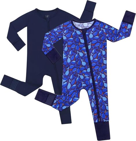 JunNeng Baby Boy Pajamas, Rayon from Bamboo Baby Sleeper with Mitts | 2 Way Zipper Romper, Fold-Over Mitts, Non-Slip for 6-18 Months, Snug&Breathable, Soft for All Seasons in Saudi Arabia