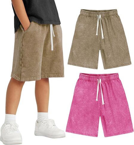 Arssm Boys Girls Cotton Shorts Acid Washed Athletic Shorts Sets Kids Casual Summer Clothes with Pockets in Saudi Arabia