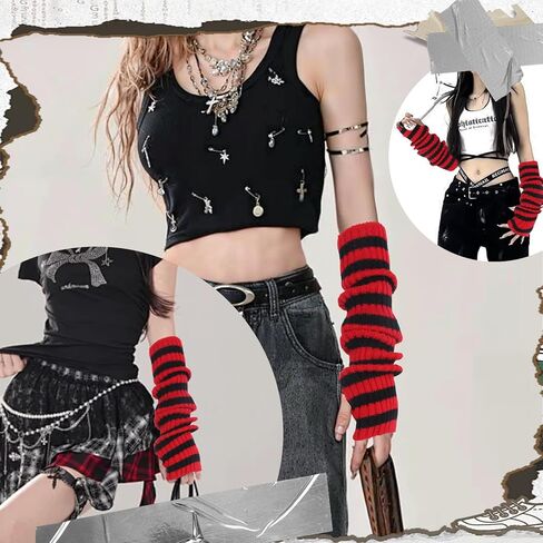 قفازات نسائية لتدفئة الذراع الطويلة من طراز Punk Gothic، قفازات نسائية شتوية طويلة بدون أصابع، قفازات شتوية محبوكة قابلة للتمدد Y2k وEMO in Saudi Arabia