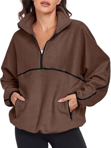 Women's Half Zip Fuzzy Fleece Pullover Oversized Sherpa Sweatshirt Long Sleeve Soft Sweater Jackets with Pockets in Saudi Arabia