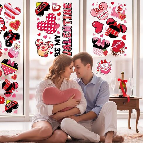 Valentines Day Window Clings 9 Sheets Cute Mouse Heart Stickers Be My Valentine Love Decals for Home Office Kitchen Party Anniversary Decorations in Saudi Arabia