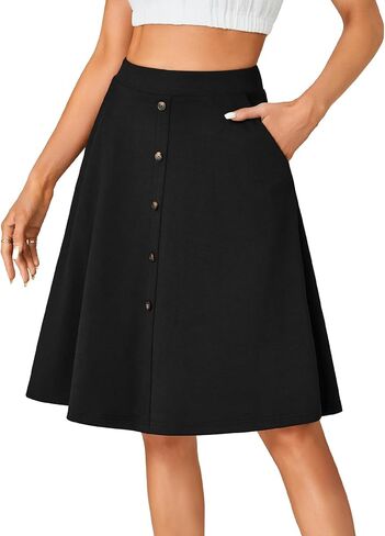 LYANER Women's Knee Length Casual Skirt Stretchy Button High Waist A-Line Flared Vintage Midi Skirts with Pocket in Saudi Arabia