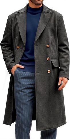 Runcati Mens Trench Coat Notch Lapel Slim Fit Double Breasted Casual Long Business Pea Coat Overcoat in Saudi Arabia