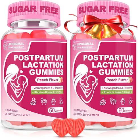 Liposomal Lactation Supplement | Postpartum Lactation Support Gummies, Natural Breast Milk Booster with Ashwagandha, L-Theanine & Omega-3 for Nursing Moms | Balance & Recovery | Peach Flavor, 60cts 1P in Kuwait