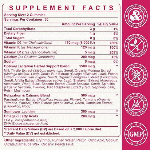 Liposomal Lactation Supplement | Postpartum Lactation Support Gummies, Natural Breast Milk Booster with Ashwagandha, L-Theanine & Omega-3 for Nursing Moms | Balance & Recovery | Peach Flavor, 60cts 1P in Kuwait