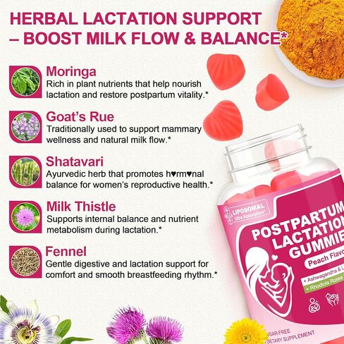 Liposomal Lactation Supplement | Postpartum Lactation Support Gummies, Natural Breast Milk Booster with Ashwagandha, L-Theanine & Omega-3 for Nursing Moms | Balance & Recovery | Peach Flavor, 60cts 1P in Kuwait