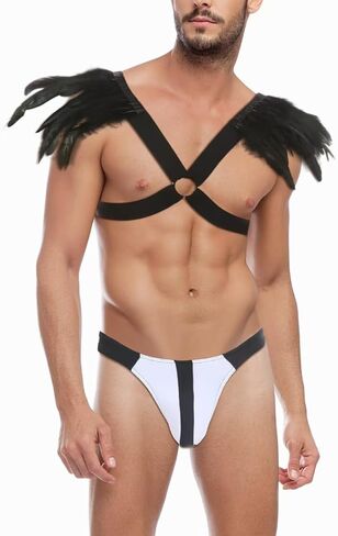 Sexy Mens Feather Wing Bondage Harness Chest shoulder Strap Punk Gothic Shrug Cape Shawl Thong underwear Costume in Saudi Arabia