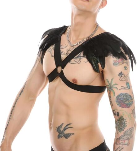 Sexy Mens Feather Wing Bondage Harness Chest shoulder Strap Punk Gothic Shrug Cape Shawl Thong underwear Costume in Saudi Arabia
