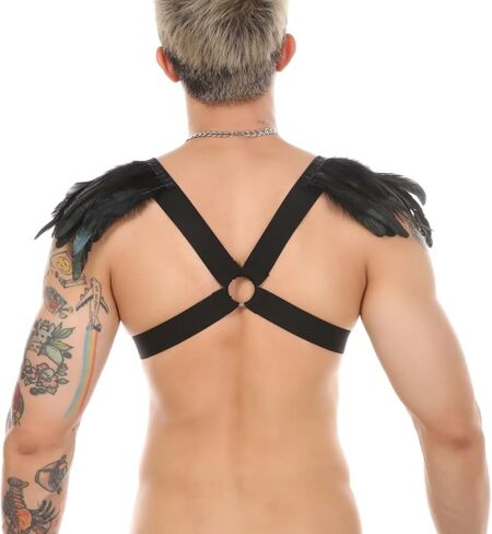 Sexy Mens Feather Wing Bondage Harness Chest shoulder Strap Punk Gothic Shrug Cape Shawl Thong underwear Costume in Saudi Arabia