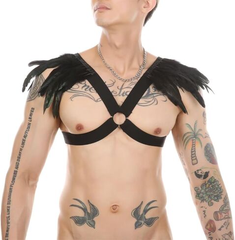 Sexy Mens Feather Wing Bondage Harness Chest shoulder Strap Punk Gothic Shrug Cape Shawl Thong underwear Costume in Saudi Arabia