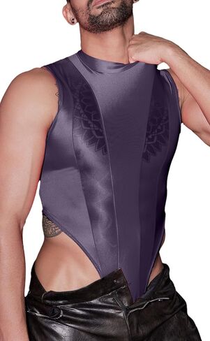 Men Bodysuit Top Glossy High Cut Thong Crotch Button Lingerie Sheer Tank Top One Size in Saudi Arabia