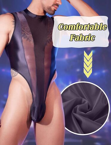 Men Bodysuit Top Glossy High Cut Thong Crotch Button Lingerie Sheer Tank Top One Size in Saudi Arabia