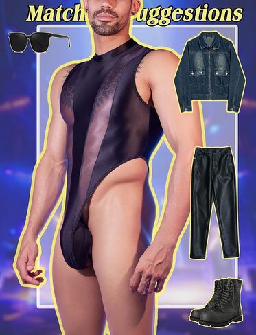 Men Bodysuit Top Glossy High Cut Thong Crotch Button Lingerie Sheer Tank Top One Size in Saudi Arabia
