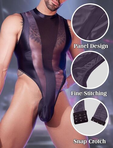 Men Bodysuit Top Glossy High Cut Thong Crotch Button Lingerie Sheer Tank Top One Size in Saudi Arabia