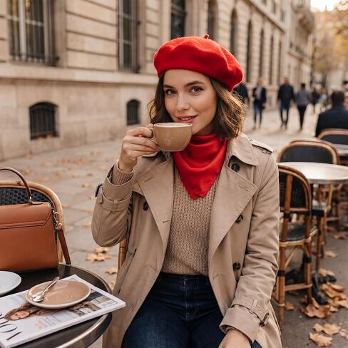 مجموعة قبعة ووشاح قبعة بيريه فرنسية حمراء للنساء، قبعة صغيرة حمراء كلاسيكية بطابع فرنسي للحفلات التنكرية للهالوين أو الكريسماس أو المناسبات الخارجية in Kuwait