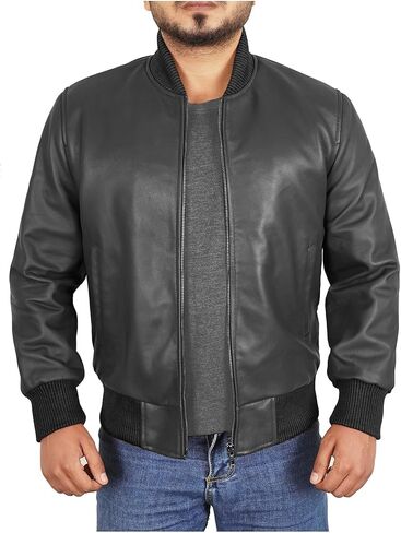 Leather Bomber Jacket Men - Ribbed Style Casual Varsity Real Lambskin Mens Leather Jacket Moto Fashion in Saudi Arabia