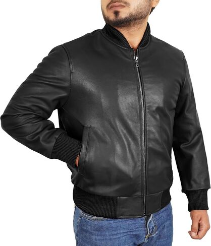Leather Bomber Jacket Men - Ribbed Style Casual Varsity Real Lambskin Mens Leather Jacket Moto Fashion in Saudi Arabia